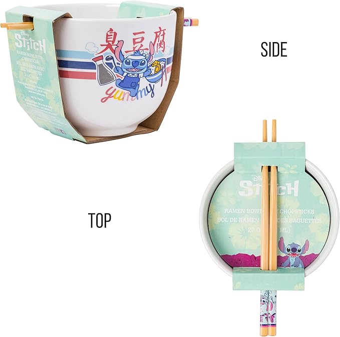 Silver Buffalo Lilo and Stitch Yummy Ceramic Ramen Noodle Rice Bowl with Chopsticks, Microwave Safe, 20 Ounces