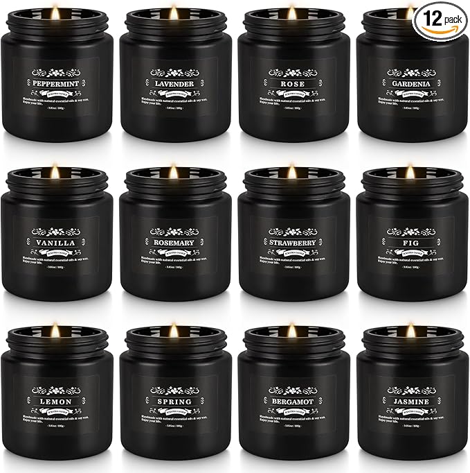 Scented Candle Set 12 Pack,Black, Candle for Home Scented, Odor Eliminating, Stress Relief, Long Lasting Soy Wax Gift Set