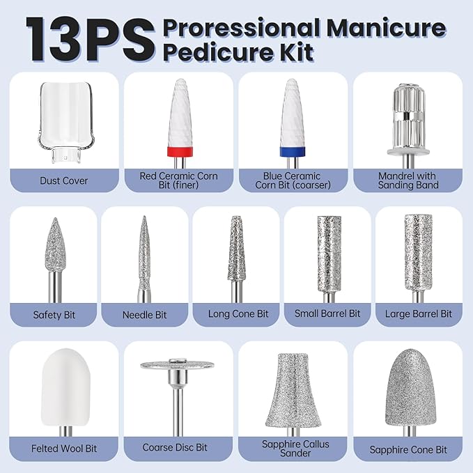 Electric Nail Drill, Cordless 2000 mAh Rechargeable Portable Nail File 12 in 1 Kit for Thick Toenails, 10 Speeds Nail Dril Machine Professional Manicure Pedicure for Hand Natural Nails Care (Grey)