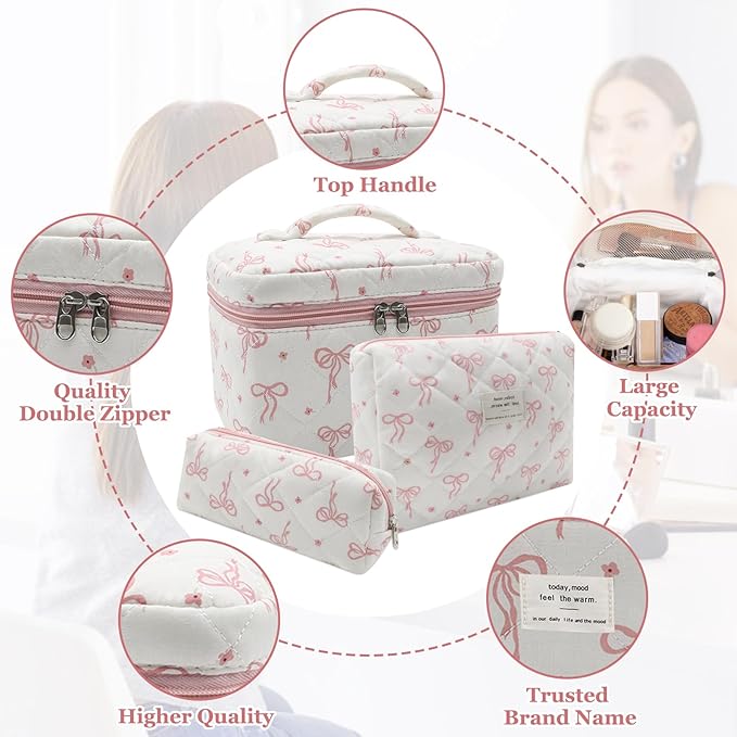 Quilted Makeup Bag Set, 3pc Large Floral Cosmetic Bag for Women, Cute Cotton Makeup Bags, Flower Travel Toiletry Organizer Bag (White Pink Small Bow)