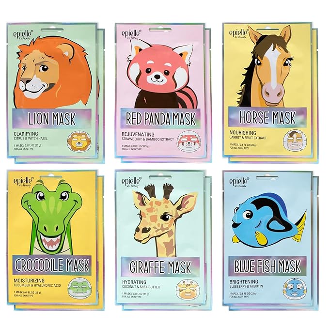 Epielle Character Face Mask Wild Kingdom 12 Pack, Fun & Effective Korean Skin Care, Spa Party Favors, Stocking Stuffers, Birthday Gifts for Women, Thanksgiving Essentials