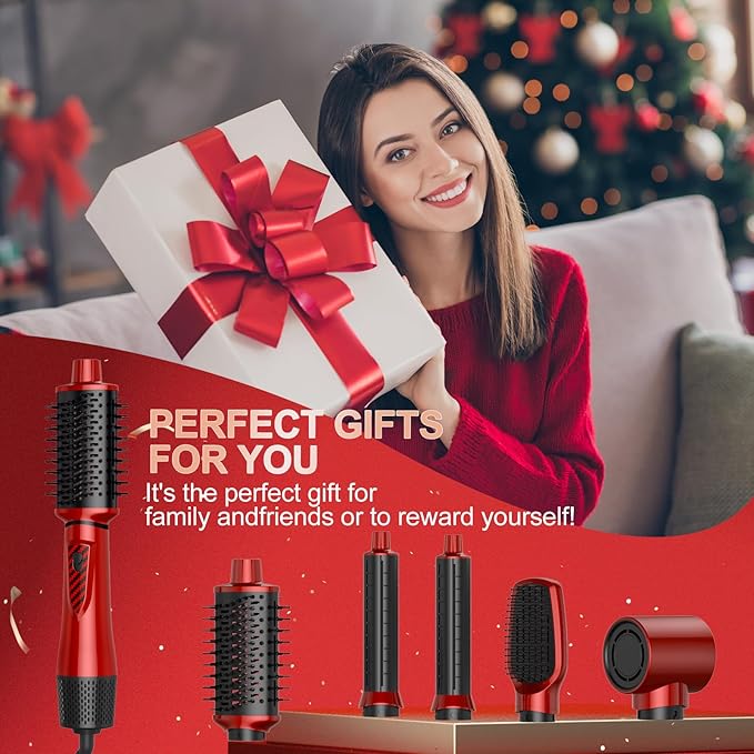 5 in 1 Air Styler Set & Hair Dryer Brush, Low-Speed Negative Ionic Hair Styler Drying, Multi Hair Styler, Professional Blow Dryer Brush for Curling Volumizing Straightening Styling (Red/Black)