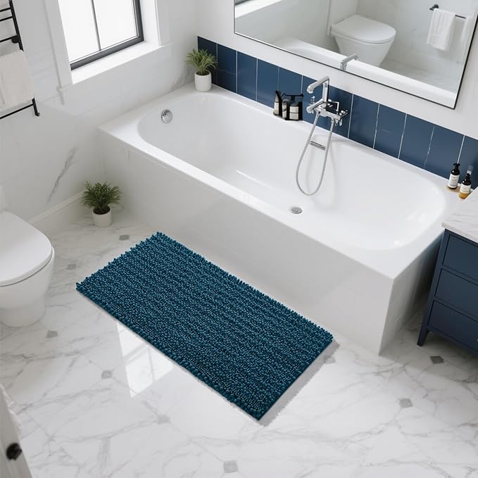 Yimobra Long Bathroom Rugs Non Slip Washable 44x24 Inch - Ultra Soft Absorbent Chenille Bath Mat, Quick Dry Shaggy Floor Carpet for Tub Shower, Peacock Blue Home Decor Accessories