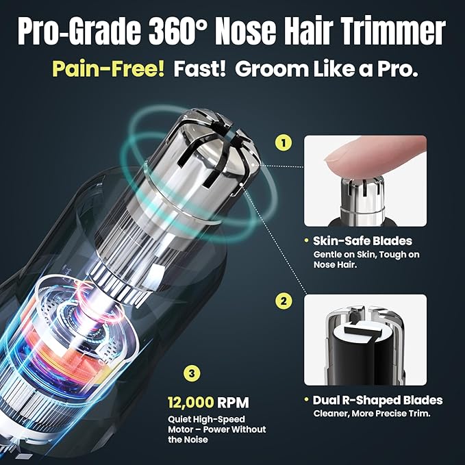3-in-1 Nose Hair Trimmer for Men & Women – Electric Ear and Nose Hair Trimmer, Eyebrow Trimmer, USB-C Rechargeable Facial Hair Removal Device, Stainless Steel Blades, Digital LED Display