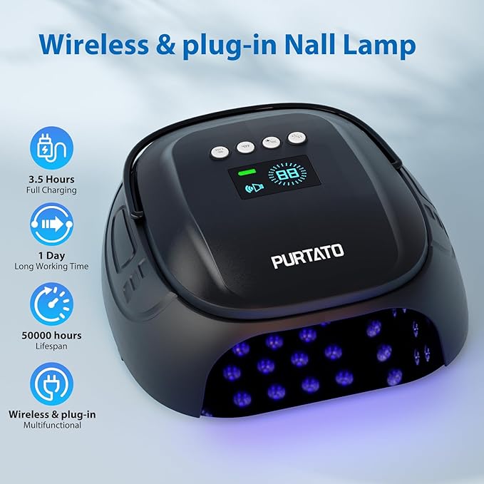 126W Cordless Rechargeable UV LED Nail Lamp with Large Space, Handle and Foot Rest, Fast Curing Gel Nail Dryer with 4 Timers for Salon and Home (Matte Black)