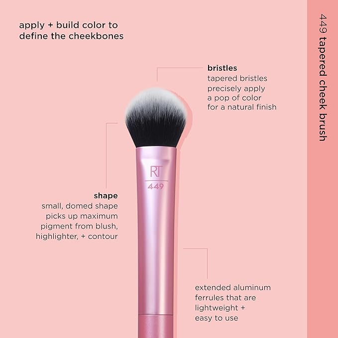 Real Techniques Tapered Cheek Brush, RT 449 Fluffy Blending Brush for Powder Blush & Highlighter, UltraPlush Synthetic Bristles, Vegan & Cruelty-Free Makeup Brush, 1 Count