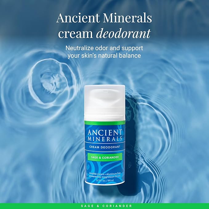 Ancient Minerals Natural Deodorant Cream – Sage & Coriander Scent, Aluminum-Free, Vegan Deodorant for Women and Men with Magnesium, Zinc & Vitamin E, for Sensitive Skin, 2 oz