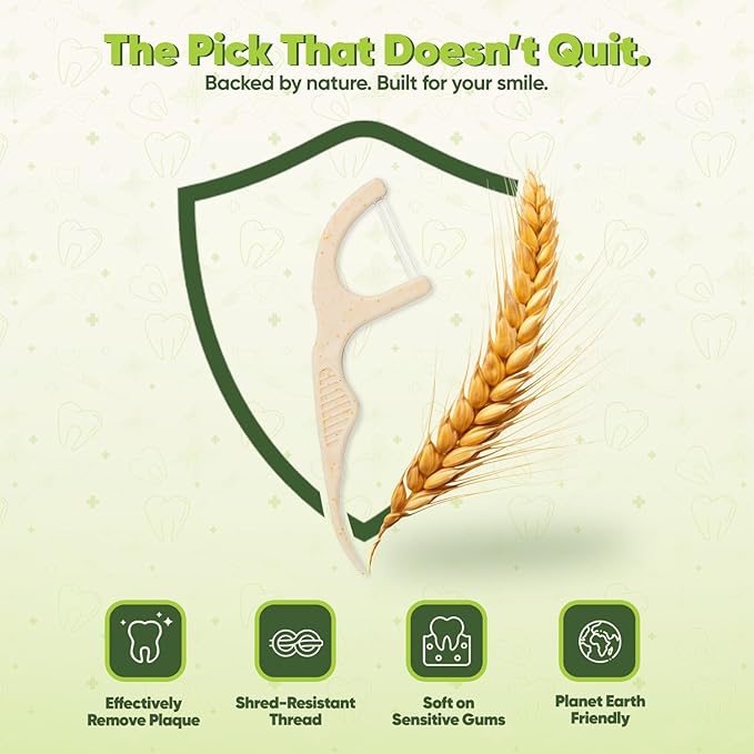 Dual Thread Dental Floss Picks - Straw Wheat Flossers | Thin & Shred-Resistant Thread for Tight Gaps | Dental Flossers for Adults | Gentle on Gums & Teeth | Vegan (200 Pack, Mint)