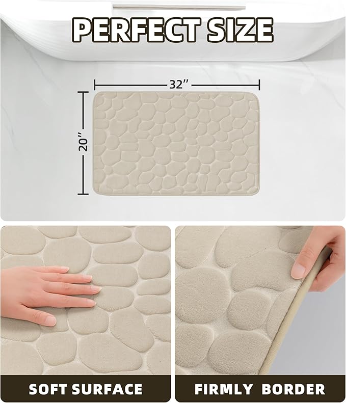 YIHOUSE Memory Foam Bath Mat Cobblestone Bathroom Rugs Super Water Absorbent Bath Mats for Bathroom Machine Washable Bath Rugs(20x32,Khaki)