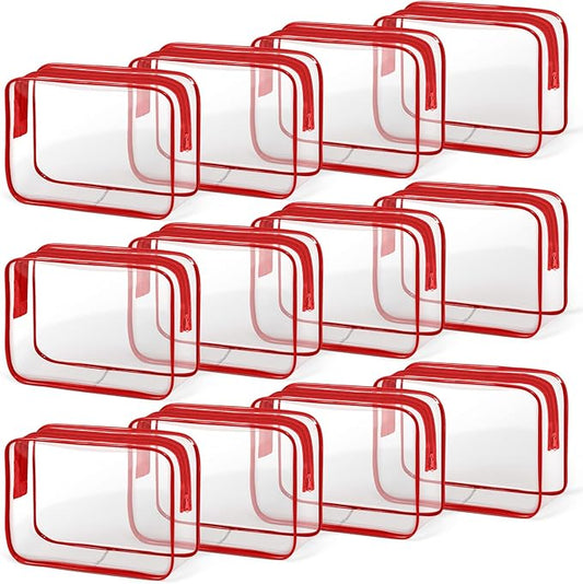 TISRATOK 12 PCS Clear Makeup Bag for Women with Zipper, TSA Approved Toiletry Pouch, Cosmetic Bag Bulk for Travel Organizer Essentials - Red, Medium