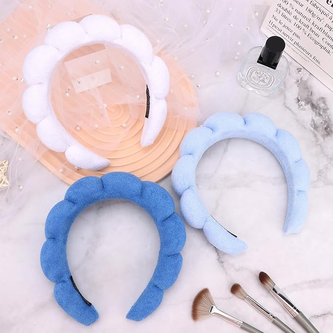 3 Pack Spa Terry Cloth Headbands - Puffy Hair Bands for Skincare, Makeup, and Face Washing