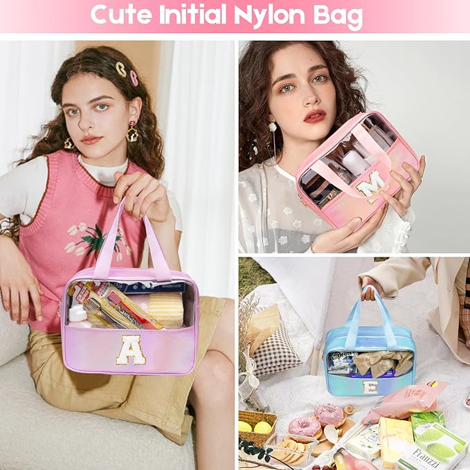 Personalized Initial Clear Makeup Bag Pink Cosmetic Bag Set Large Travel Toiletry Bag, Cute Clear Make Up Bags Organizer Bag for Girlfriend Teacher Gifts Teen Girl Gifts Trendy Stuff S (Pink)