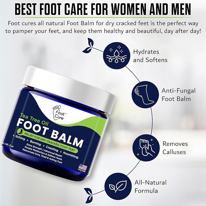 FOOT CURE Tea Tree Oil Balm – Moisturizer for Dry Cracked Feet – Instantly Hydrates & Soothes Irritated Skin & Athlete's Foot – Best Foot Care for Women and Men (Pack of 2)