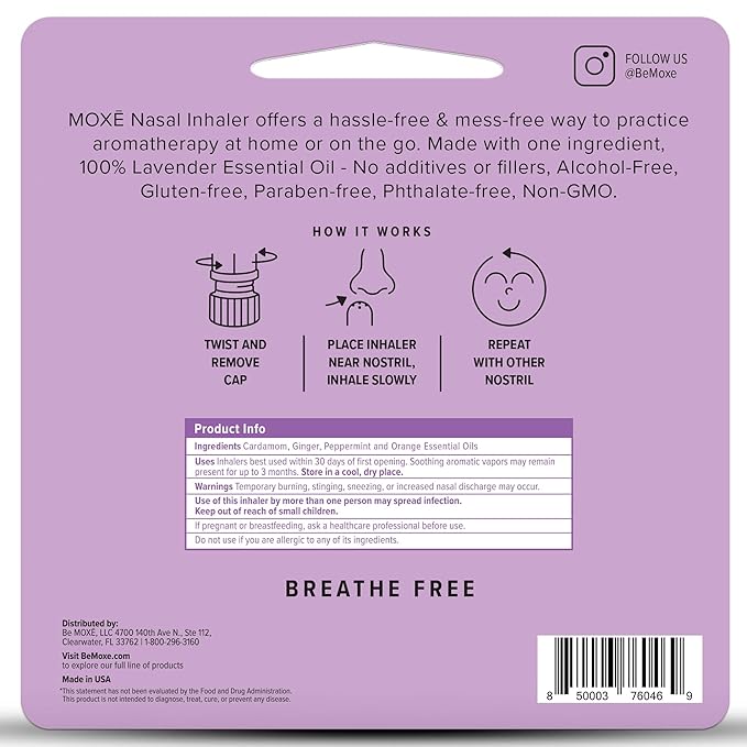 MOXĒ Lavender Essential Oil Nasal Inhaler, Therapeutic No-Mess Aromatherapy, Relaxation, Naturally Calming, Before Sleep Routine, Uplifts Mood, Pure and Undiluted, Made in USA (3 Pack)