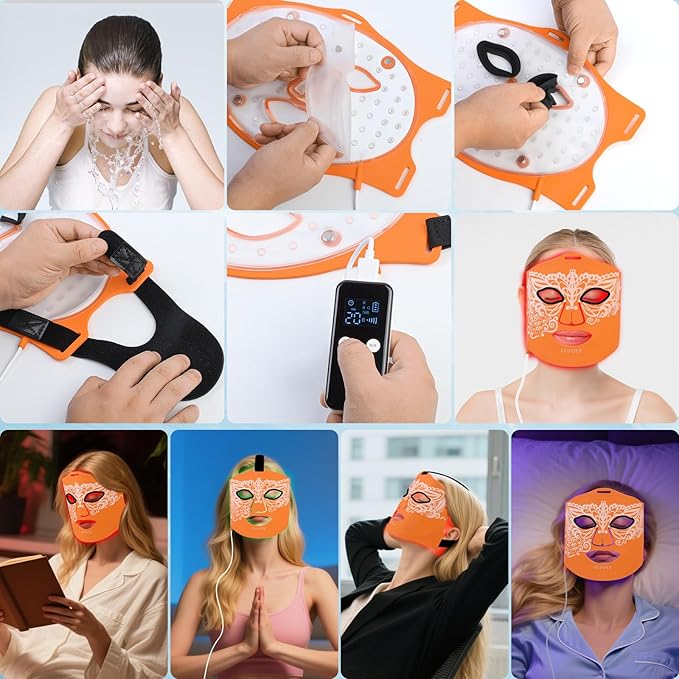 Red Light Therapy for Face Mask with Ice Compress, 850nm Infrared Red Light Therapy, 7+1 Light Modes Led Face Mask Light Therapy, Level 5 Timing, 3000mAh, Led Mask Light Therapy for Home, Orange