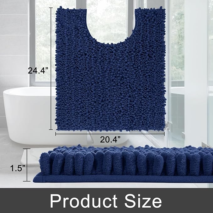 Yimobra Toilet Rug U Shaped Washable 24x20 Inch - Ultra Soft Absorbent Chenille Bath Rugs for Toilet, Quick Dry & Machine Washable, Non Slip Contour Bathroom Mat, Navy Blue
