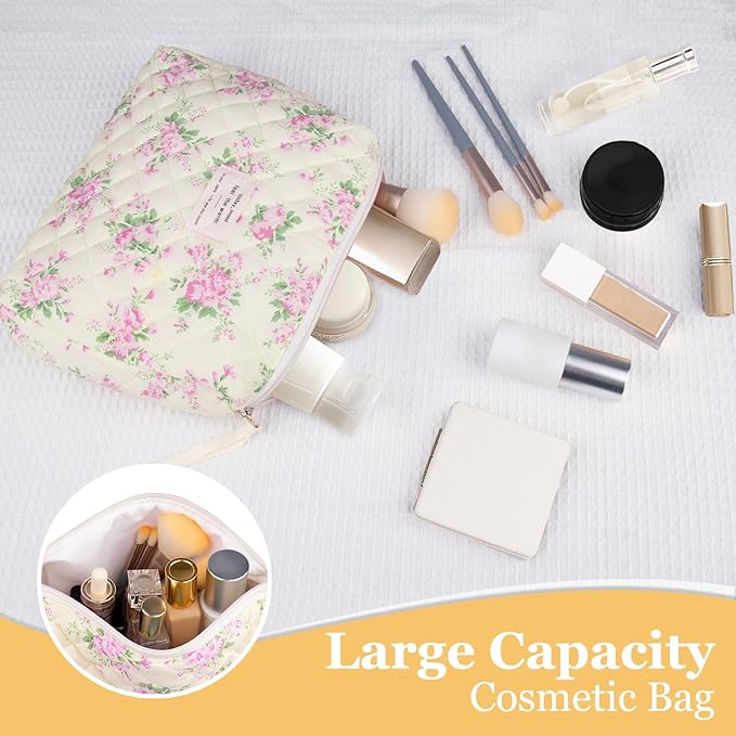 Floral Makeup Bag, Small Cosmetic Bag for Women Girls, Cute Cotton Makeup Bag, Quilted Makeup Bags, Flower Travel Toiletry Organizer Bag(Pink Flower)