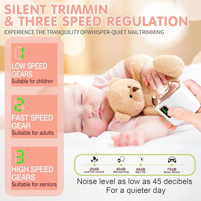 Electric Nail Clipper with LED Light, USB Rechargeable Nail Trimmer, 3-Speed Fingernail Manicure for Baby, Kids, Seniors, and Adults - Perfect for Elderly Nail Care (Black)