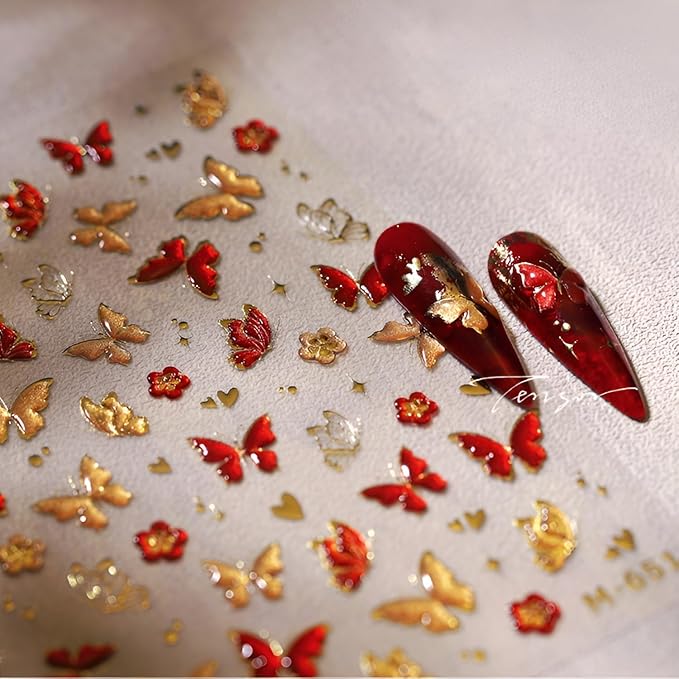 Butterfly Nail Stickers for Nail Art 5D Embossed Flower Nail Art Stickers Green Red Gold Butterfly Nail Decals Self-Adhesive Spring Summer Nail Design for Women Girls 2Sheets
