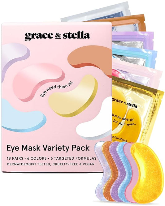 grace & stella Under Eye Mask Variety Pack - 18 Pairs of Under Eye Patches for Dark Circles - With 6 Colors (3 Pairs/Color) - Gel Masks Puffy Eyes for Women, Vegan Cruelty Free Christmas Gifts for Mom
