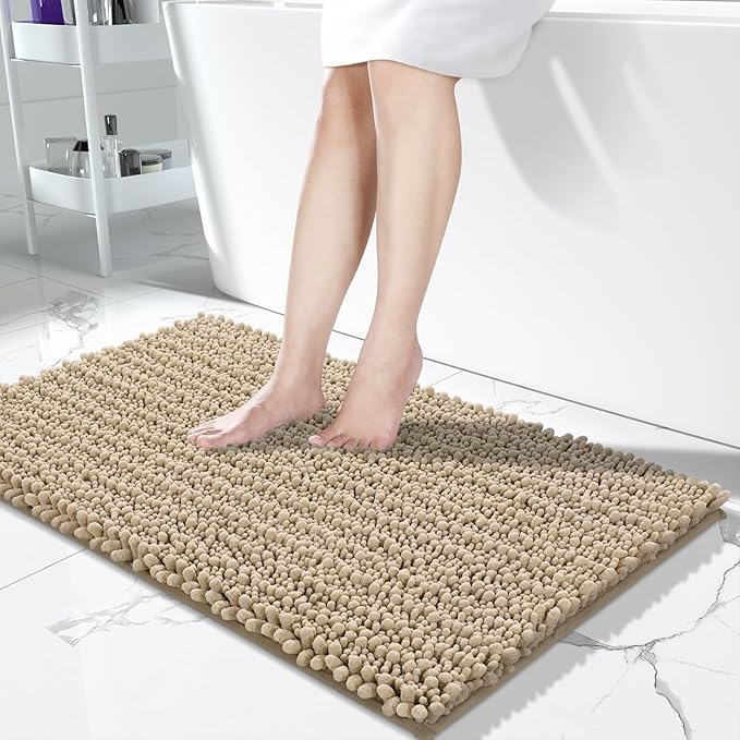 Yimobra Long Bathroom Rugs Non Slip Washable 44x24 Inch - Ultra Soft Absorbent Chenille Bath Mat, Quick Dry Shaggy Floor Carpet for Tub Shower, Camel Home Decor Accessories