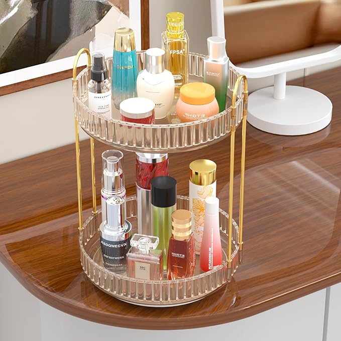GTI 360°Rotating Makeup Organizer, 2 Tier Bathroom Counter Organizer,Large Capacity Perfume Cosmetics Skincare Vanity Organizers, Dresser Spinning Countertop Organizer and Storage for Women (Gold)