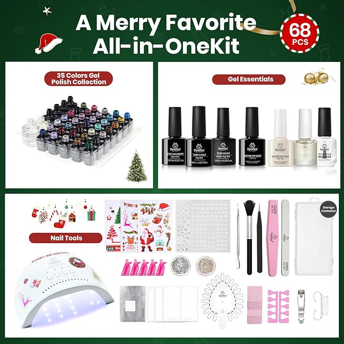 Beetles Christmas Gel Nail Polish Kit 68 Pcs with U V Light - 35 Color Gel Nail Kit Gifts for Teens Girls Women Soak Off Emotional Spectrum Red Winter Manicure Nails Decoration Tool Home DIY Set
