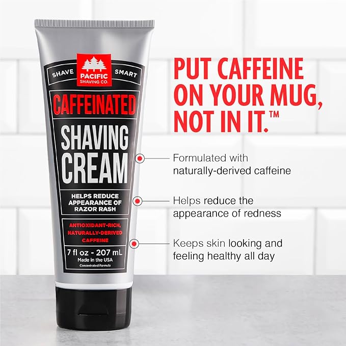 Pacific Shaving Company Caffeinated Shaving Cream - Shea Butter + Spearmint Antioxidant Shaving Cream with Caffeine - Clean Formula for Hydrating, Redness Reducing + Irritation-Free Shave (3.4 Oz)
