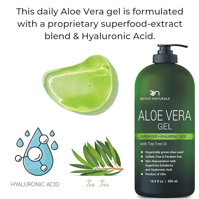 Being Naturals Aloe vera Gel - from 100% Pure Organic Aloe - Natural Raw Moisturizer for Face, Body, Hair. Perfect for Sunburn, Acne, Razor Bumps 16.9 fl oz (Tea Tree, Superfood, Hyaluronic Acid)