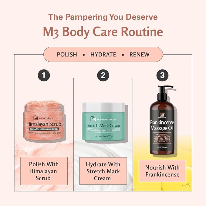 Frankincense Essential Massage Oil for Scars, Stretch Marks & Fine Lines, Firming, Hydrating, Smoothing & Calming Formula with Collagen, Stem Cells, Lavender & Grapefruit, 8 fl oz, by M3 Naturals