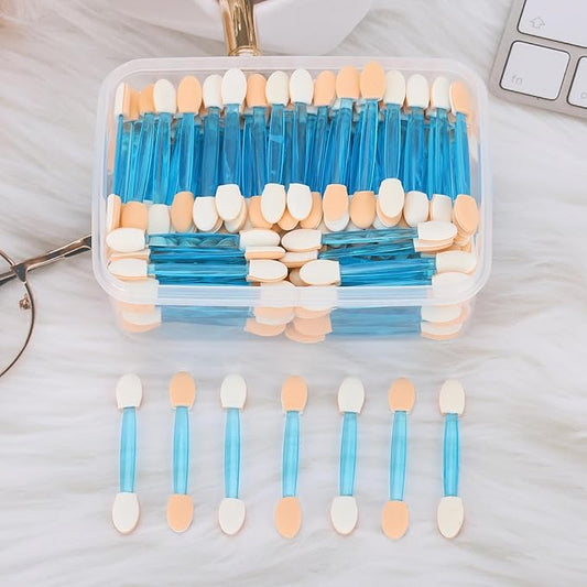 150 Eye Shadow Applicator Disposable Foam Makeup Brush Sponge Tipped Oval Eyeshadow Applicators Dual Sides with Container, Blue