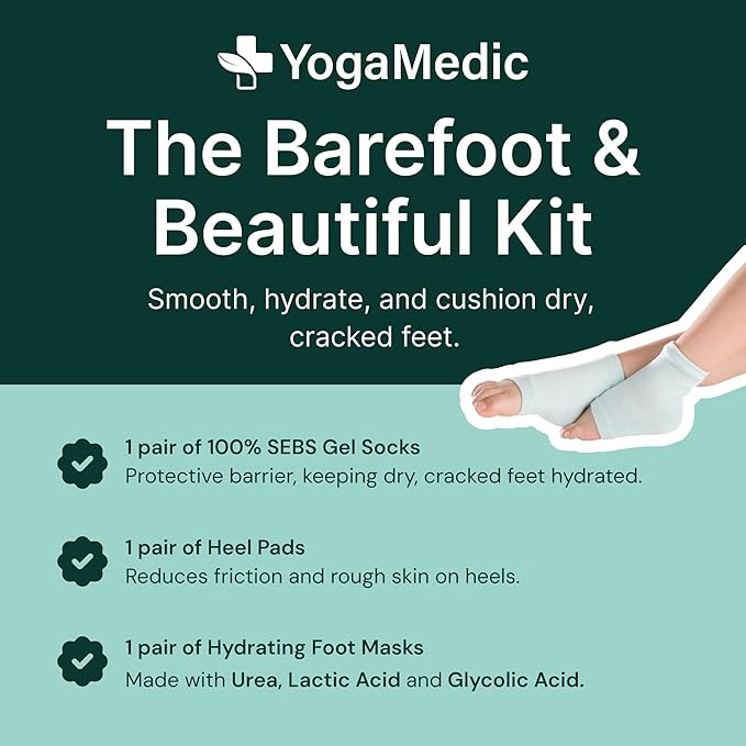 YOGAMEDIC Foot Care Kit - 3 Hydrating & Exfoliating Foot Masks for Dry Feet & 2 Cork Massage Balls for Relaxation