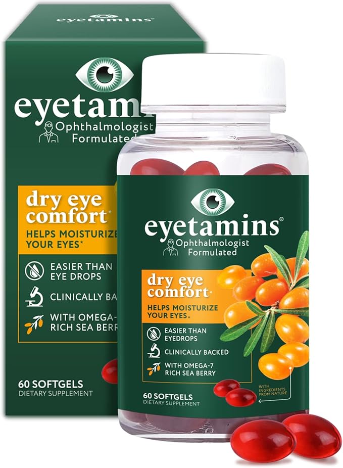 eyetamins Dry Eye Comfort - 60 Softgels - Ophthalmologist - Formulated, Natural - Himalayan Sea Buckthorn Oil - Vegan and Non-GMO Formula