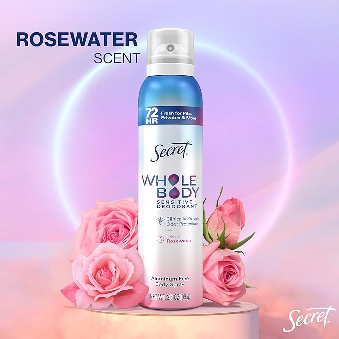 Secret Whole Body Deodorant for Women, Rosewater Scent, Aluminum Free Deodorant Spray, 72 HR Odor Protection, 3.5 oz