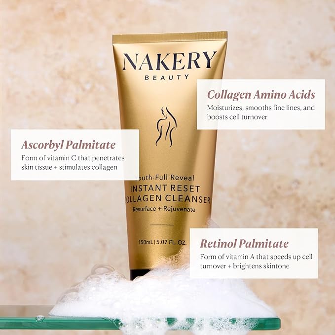 Nakery Face Cleanser for Women, Youth Revealer Facial Wash with Collagen, 10-in-1 Exfoliating Moisturizer for Dry and Textured Skin, Hydrating Formula for Smooth Plump Complexion