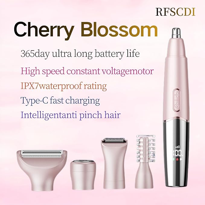 5-in-1 Rechargeable Nose & Ear Hair Trimmer - IPX7 Waterproof Dual Edge Grooming Kit for Men & Women, Perfect for Hair Removal of Nose, Eyebrows, Beard, Bikini, and Facial Hair (Pink)