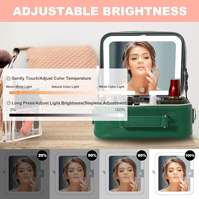 Mocado Travel Makeup Bag with LED Lighted Mirror,Travel Makeup Organizer,Makeup Case with 3 Color Lighted Setting and 10x Magnifying Mirror,Portable Storage and Adjustable Dividers Makeup Box(Green)