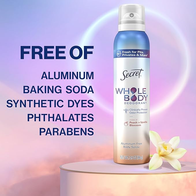 Secret Whole Body Deodorant Spray for Women, Peach & Vanilla Scent, Aluminum Free Deodorant Spray, 72 HR Odor Protection, 3.5 oz