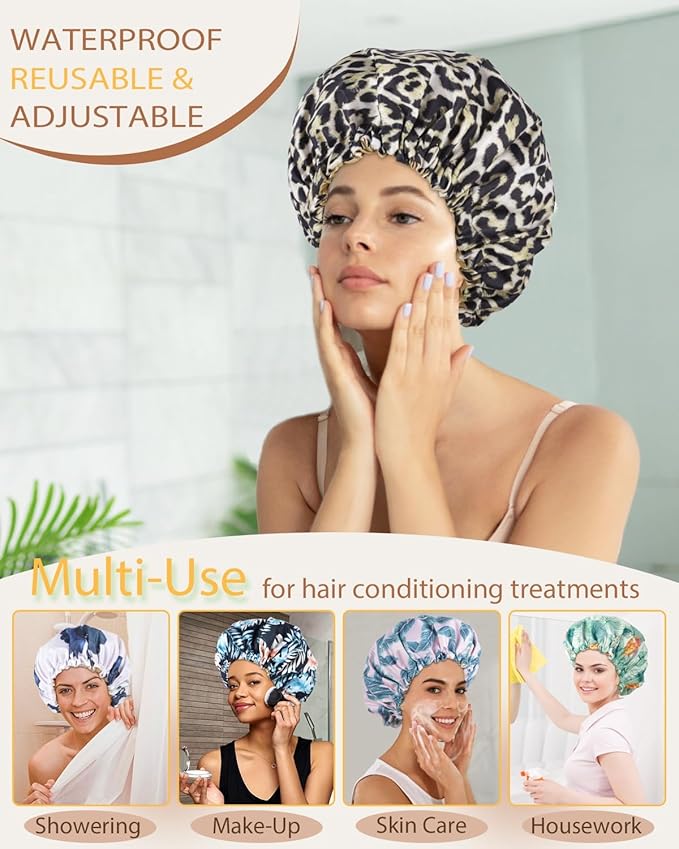 Shower Caps for Women Waterproof Reusable… (Black Leopard)