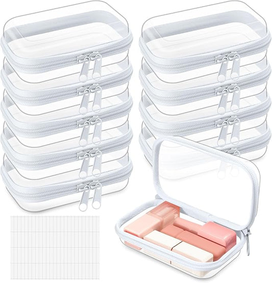 Sanwuta 10 Pcs Hard Zipper Case Clear Hard Pouches Plastic Zipper Pencil Box Toy Storage Bins Portable Plastic Container for Travel Toiletry Office Cosmetic Block Puzzle Organizer(Xs,Clear)