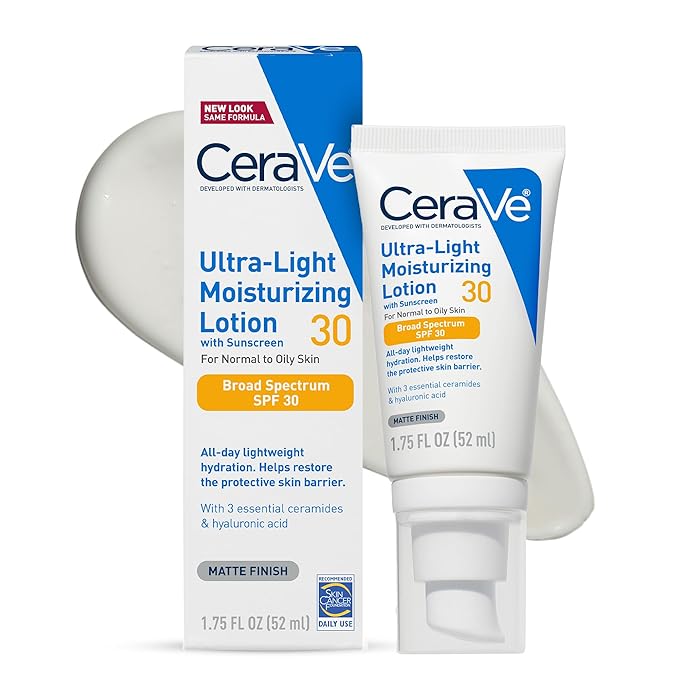 CeraVe Ultra-Light Moisturizing Lotion With SPF 30, Daily Face Moisturizer with SPF, Formulated with Hyaluronic Acid & Ceramides, Broad Spectrum SPF, Oil Free, Matte Finish, 1.7 Ounce