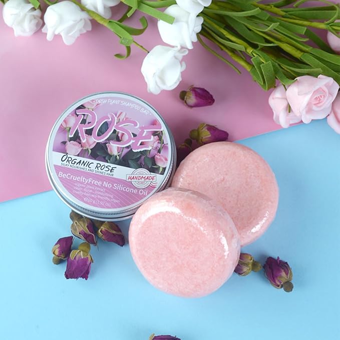 Handmade Solid Shampoo Bar Set of 2, Rose Hair Soap for Nourishing, Deeping Cleaning and Caring Scalp, Rose Flowers Extract Organic Shampoo Bars for All Hair Types, Sulfate & Silicone Free
