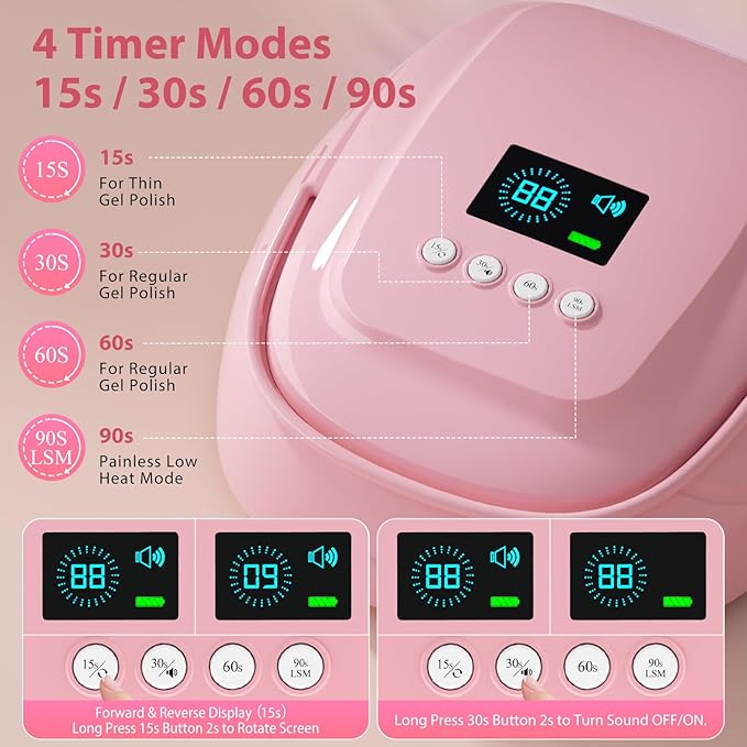 126W Cordless Rechargeable UV LED Nail Lamp with Large Space, Handle and Foot Rest, Fast Curing Gel Nail Dryer with 4 Timers for Salon and Home (Pink)