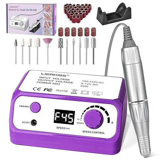 Electric Nail File Nail Drill Professional 35000RPM Electric E Filer for Nails with Sanding Bands and Nail Drill Bits for Acrylic, Gel Nail Manicure & Pedicure, Purple