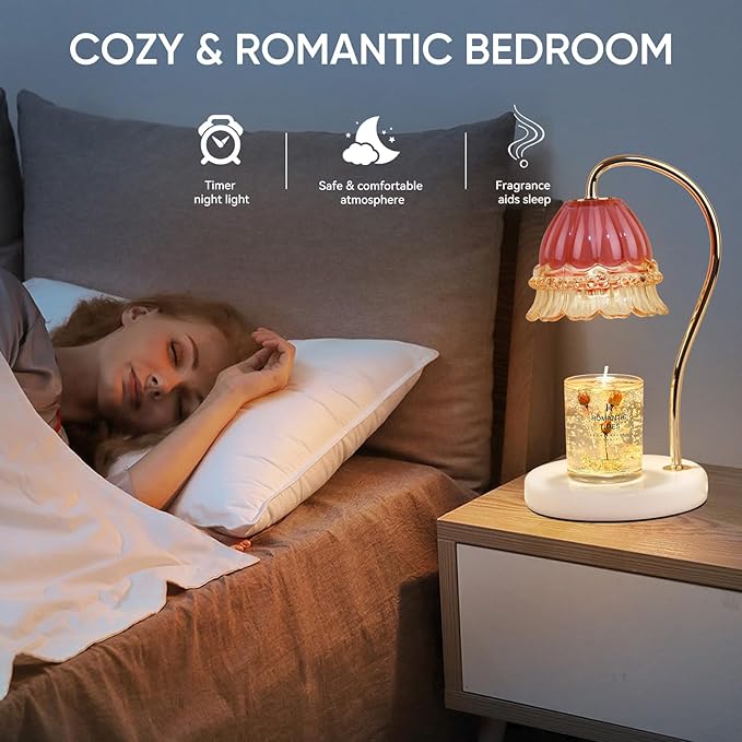 Candle Warmer Lamp with Timer,Gifts for Mom,Marble Base and Glass lampshade,a Beautiful Flower Candle Lamp with 2 Bulbs Candle Jar Light