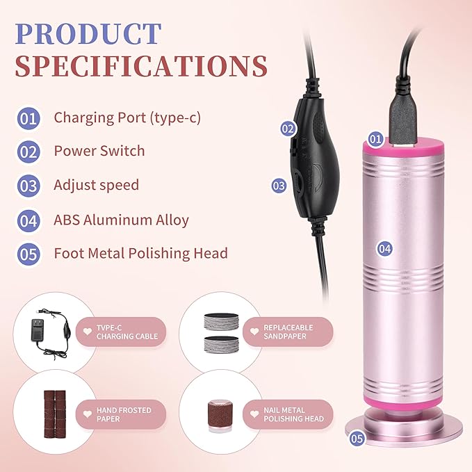 Electric Foot Callus Remover with 60 Sandpaper Discs, Durable Aluminum Adjustable Speed Foot Sander for Cracked, Rough Skin and Calluses, Ergonomic Design – Cherry Blossom