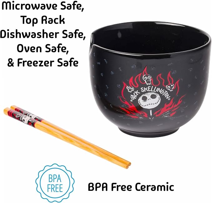 Silver Buffalo Disney Nightmare Before Christmas Jack Skellington Ceramic Ramen Noodle Rice Bowl with Chopsticks, Microwave Safe, 20 Ounces