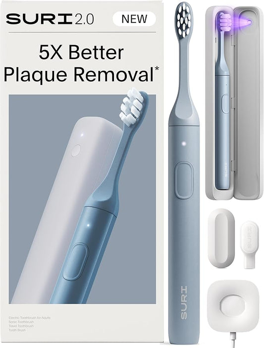 SURI 2.0 New Sonic Electric Toothbrush with Pressure Sensor & UV-Cleaning Travel Case | 1 Month+ Battery | Electric Toothbrush for Adults | Travel Toothbrushes | Tooth Brush | Blue