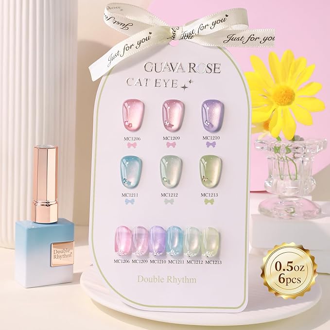 Double Rhythm Cat Eye Gel Nail Polish Set of 6 Same Color Same Bottle 0.5 Oz Shimmer Glitter with Magnet Holographic Reflective Magnetic UV Nail Polish Kit at Home (Rose Green Pink Purple-T6-46)