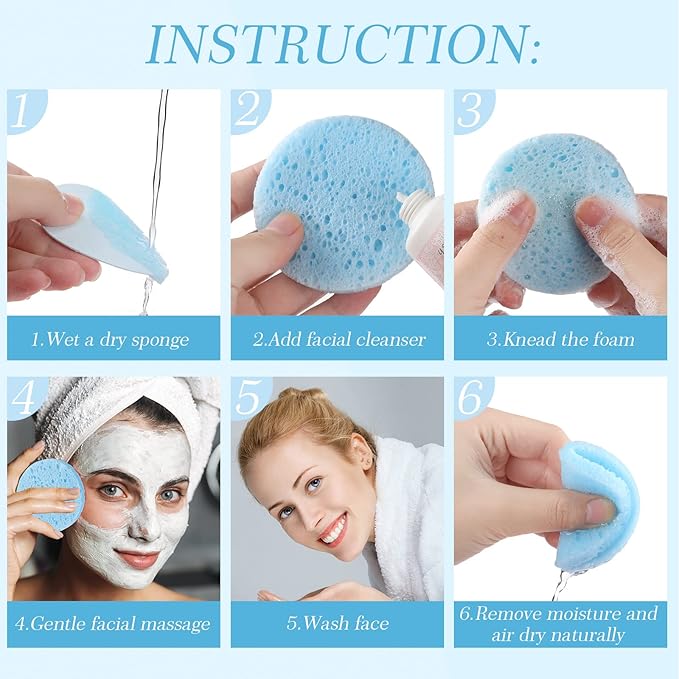 Sieral 120pcs Compressed Facial Sponges Disposable Natural Face Sponges Round Soft Pads with Container for Washing Face Cleansing Exfoliating Esthetician Makeup Removal Travel(Light Blue)